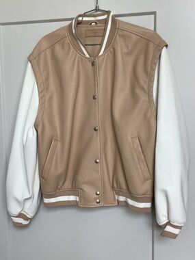 Beige and White Varsity Jacket - Women’s Two-Tone Bomber